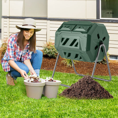 360° Rotatable Tumbling Composter with 2 Sliding Doors-Green