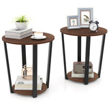 Round End Table with Open Shelf and Metal Frame-Walnut