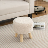 Round Footstool Ottoman Faux Fur Footrest with Padded Seat and Rubber Wood Legs-White