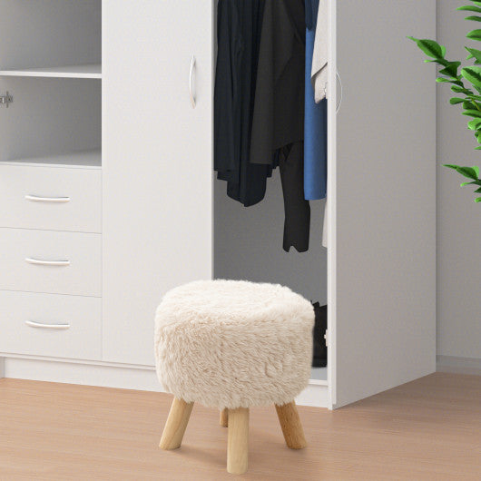 Round Footstool Ottoman Faux Fur Footrest with Padded Seat and Rubber Wood Legs-White
