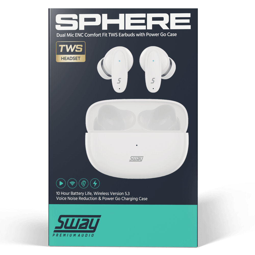 Sway Dual Microphone ENC Comfort Fit True Wireless Headphones with Power Go Charging Case by Sway