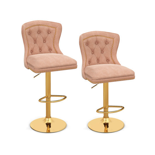 Set of 2 Bar Chairs with Footrest  Electroplated Metal Base and Anti-Slip Ring-Pink