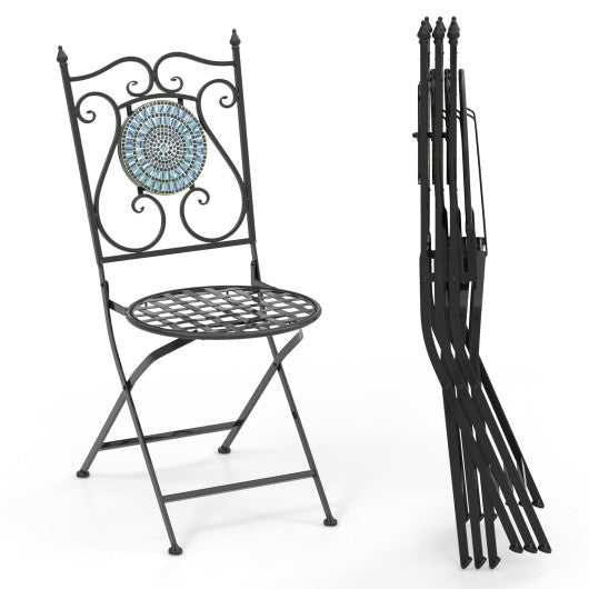 Set of 2 Mosaic Chairs for Patio Metal Folding Chairs-Black & Blue