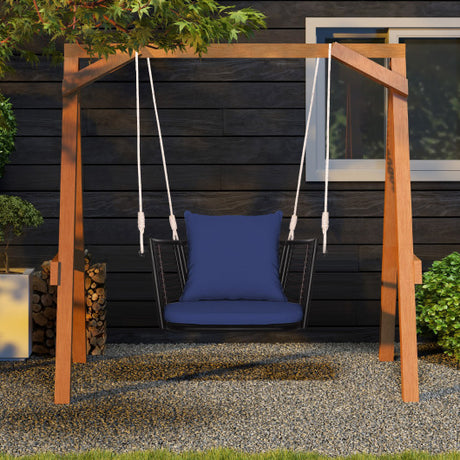 Single Person Hanging Seat with Woven Rattan Backrest for Backyard-Blue
