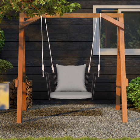 Single Person Hanging Seat with Woven Rattan Backrest for Backyard-Gray