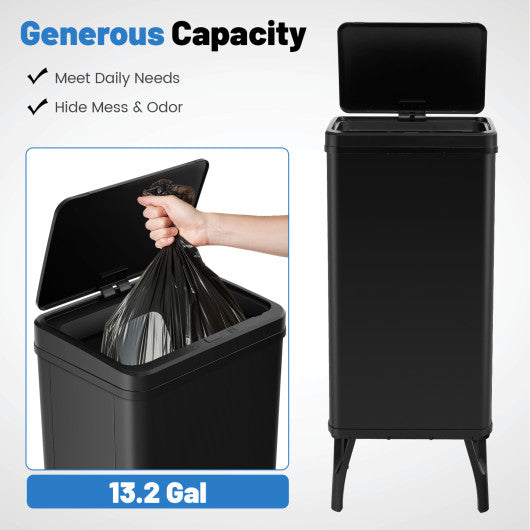 13.2 Gallon Stainless Steel Trash Can with Stay-on Lid and Soft Closure-Black