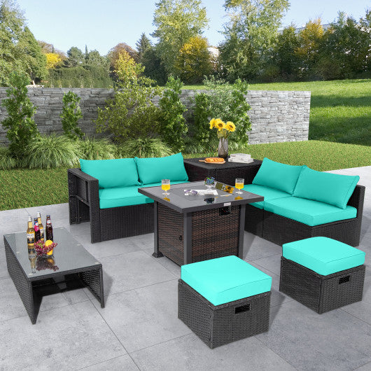 9 Pieces Patio Furniture Set with 32” Fire Pit Table and 50000 BTU Square Propane Fire Pit-Turquoise