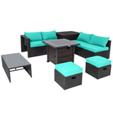 9 Pieces Patio Furniture Set with 32” Fire Pit Table and 50000 BTU Square Propane Fire Pit-Turquoise