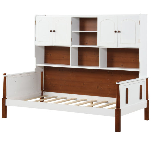 Twin Bed with Bookcase with Shelves and  Wooden Slat Support No Box Spring Needed for Living Room Bedroom-White