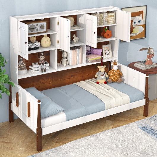 Twin Bed with Bookcase with Shelves and  Wooden Slat Support No Box Spring Needed for Living Room Bedroom-White