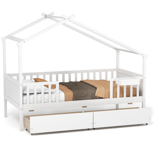 Twin House Bed with 2 Storage Drawers and Roof & Fence Rails-White