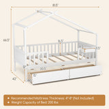 Twin House Bed with 2 Storage Drawers and Roof & Fence Rails-White