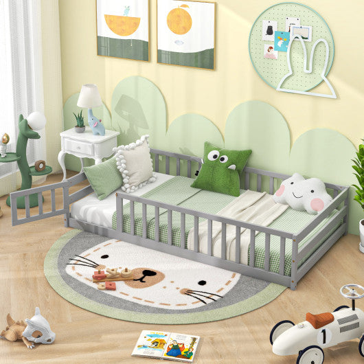 Twin Size Kids Wood Montessori Floor Bed with Door and Fence-Gray