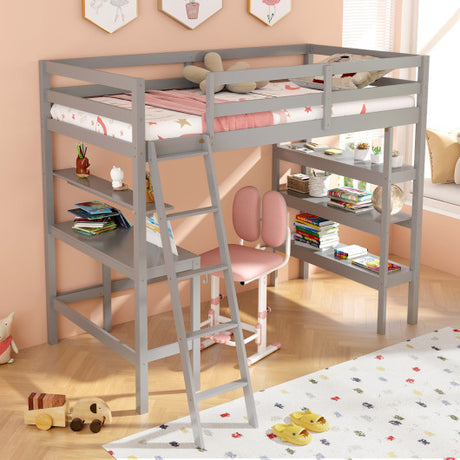 Twin Size Loft Bed with Desk and Bookshelves for Kids and Teens-Gray