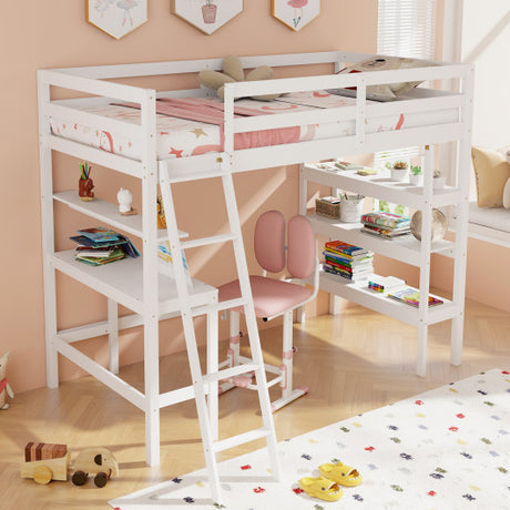 Twin Size Loft Bed with Desk and Bookshelves for Kids and Teens-White