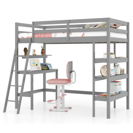 Twin Size Loft Bed with Desk and Bookshelves for Kids and Teens-Gray