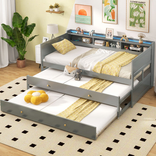 Twin XL Captain Bed with 2 Twin Trundle Beds and 3 Storage Cubbies-Gray