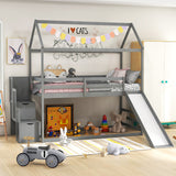 Twin over Twin Bunk Bed with Slide and 2-Step Storage Staircase-Gray