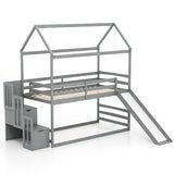 Twin over Twin Bunk Bed with Slide and 2-Step Storage Staircase-Gray