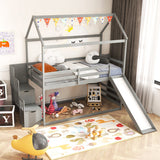 Twin over Twin Bunk Bed with Slide and 2-Step Storage Staircase-Gray