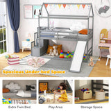 Twin over Twin Bunk Bed with Slide and 2-Step Storage Staircase-Gray