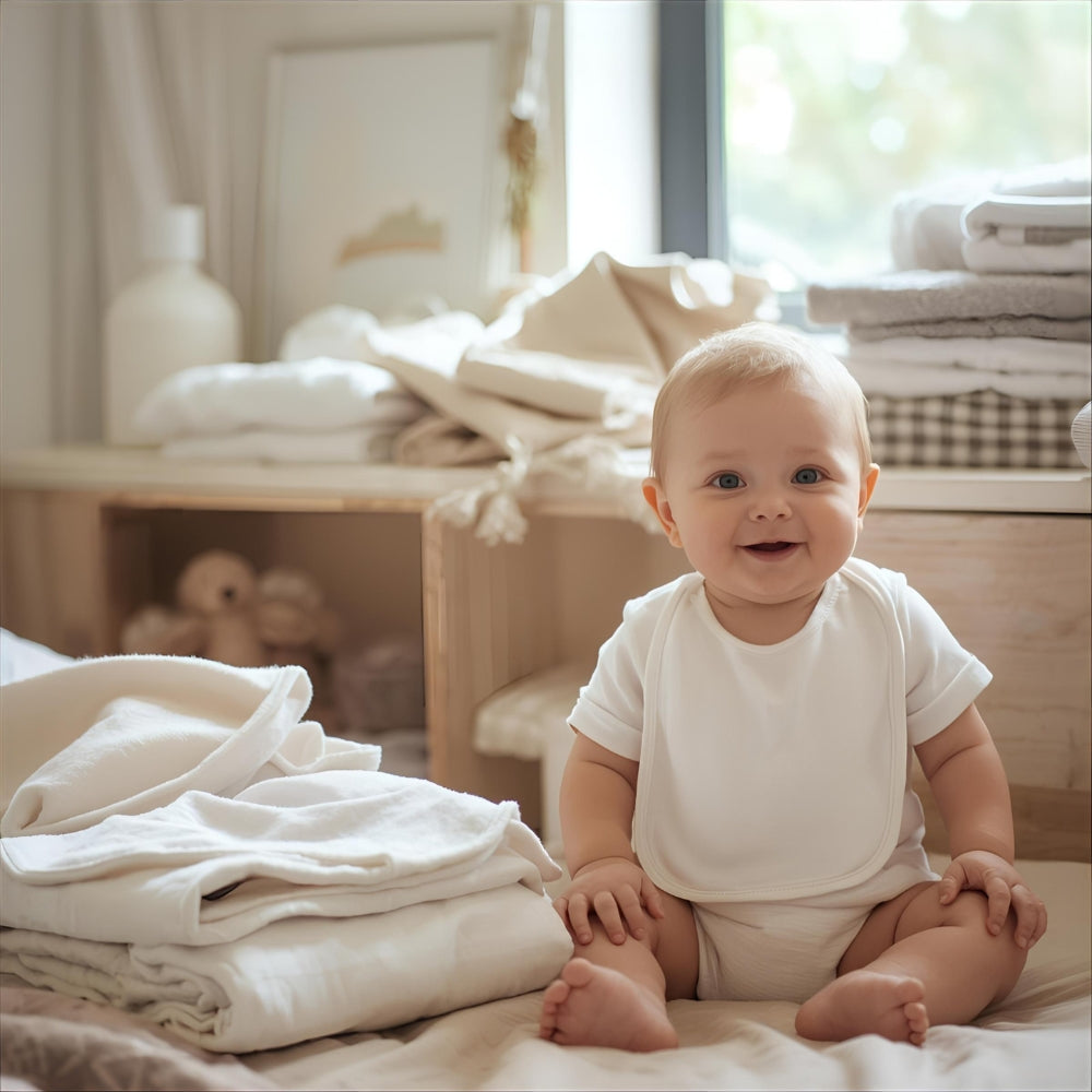 Baby sitting on a bed surrounded by white clothing in a softly lit room.