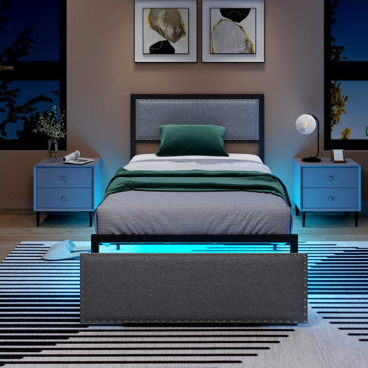 Full/Queen/Twin Size Bed Frame with LED Lights Drawer and Metal Slats-Twin Size
