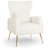 Velvet Upholstered Wingback Chair with Lumbar Pillow and Golden Metal Legs-White