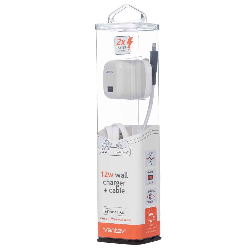 Ventev 12W USB A Wall Charger and USB A to Apple Lightning Cable 3.3ft by Ventev