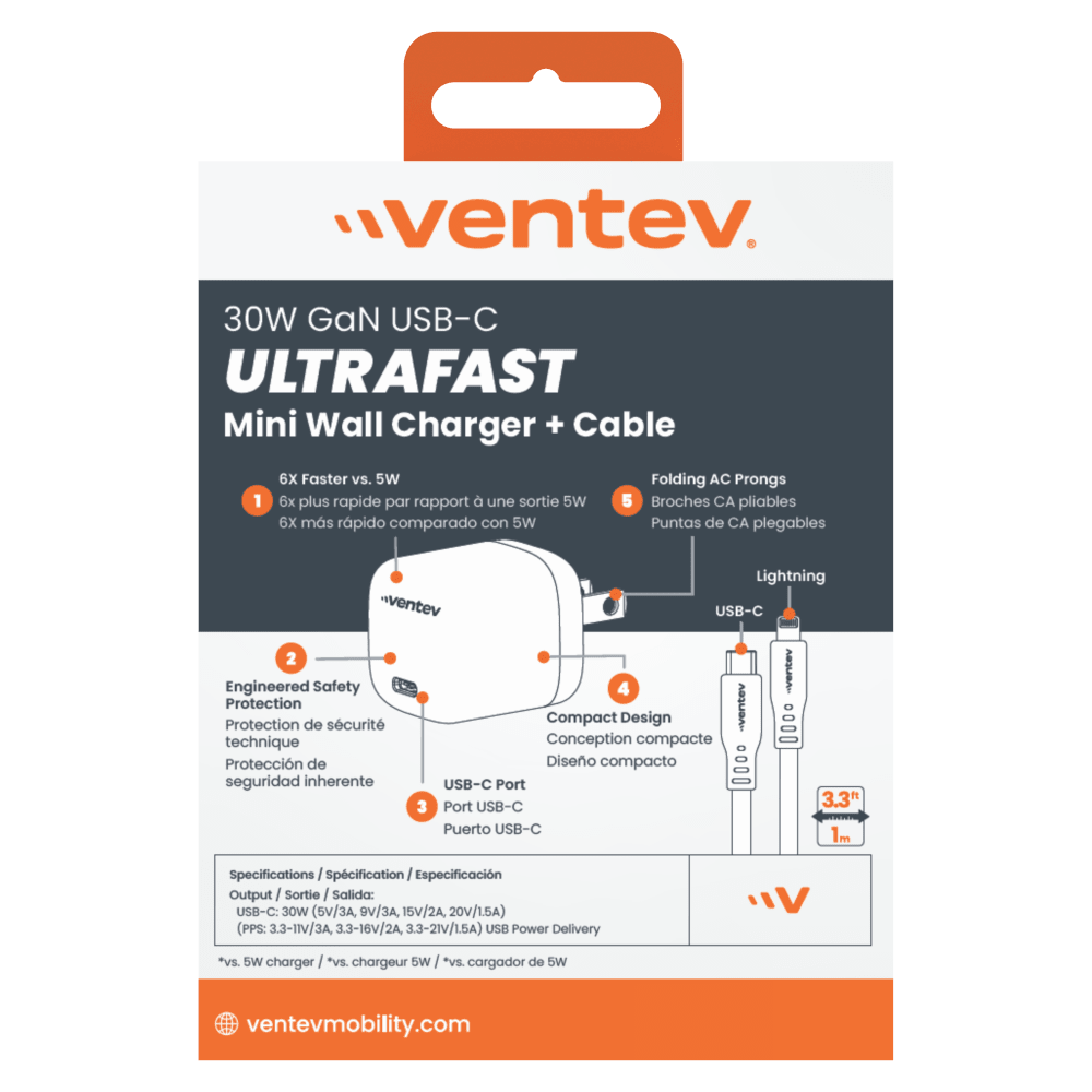 Ventev 30W Mini Wall Charger and USB C to Apple Lightning Cable by Ventev