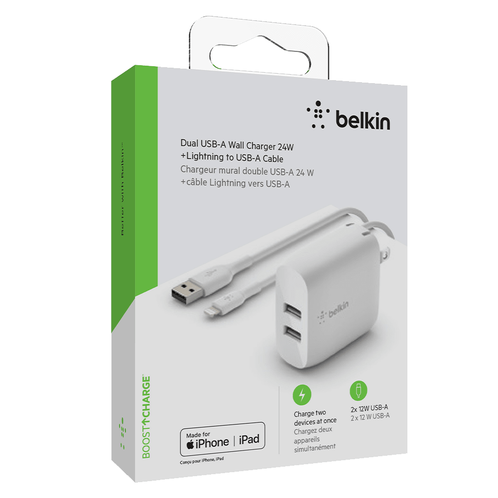 Belkin Dual Port USB A 24W Wall Charger with Apple Lightning Cable 3ft by Belkin