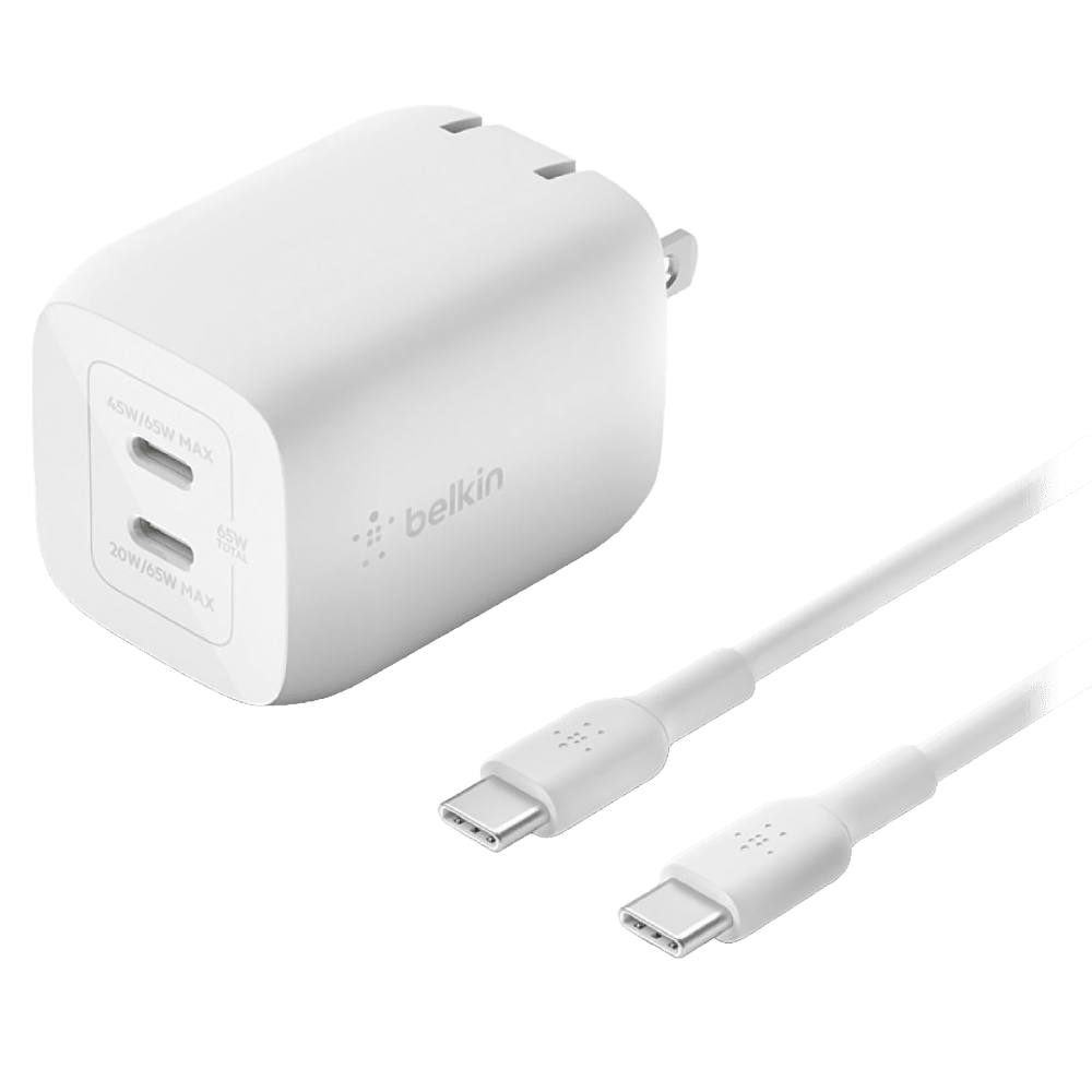 Belkin 65W Dual USB C GaN Wall Charger with PPS and USB C to USB C Cable by Belkin