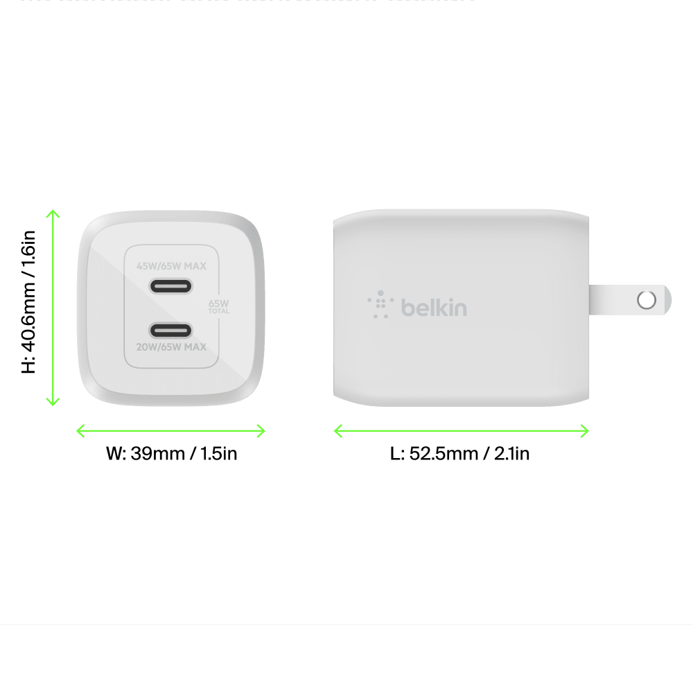 Belkin 65W Dual USB C GaN Wall Charger with PPS and USB C to USB C Cable by Belkin