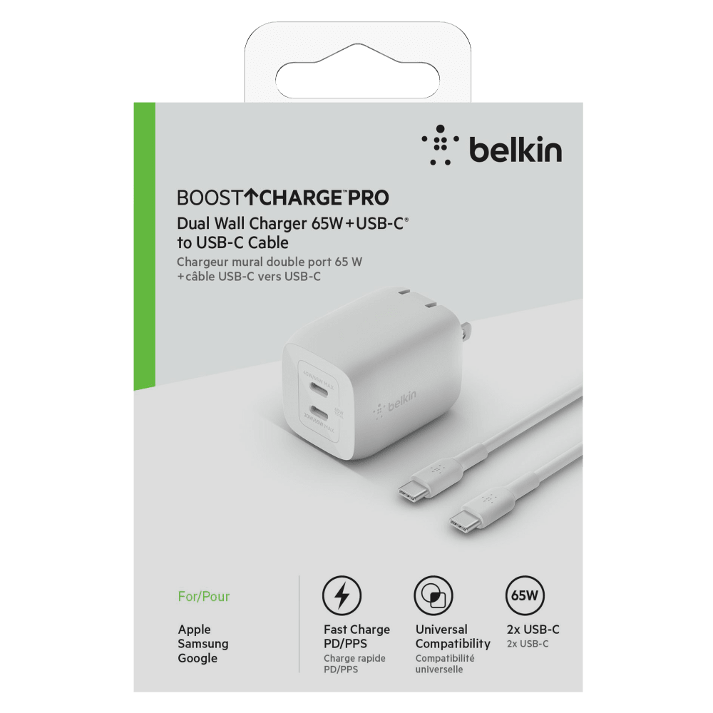 Belkin 65W Dual USB C GaN Wall Charger with PPS and USB C to USB C Cable by Belkin