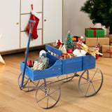 Wooden Wagon Plant Bed with Metal Wheels for Garden Yard Patio-Blue