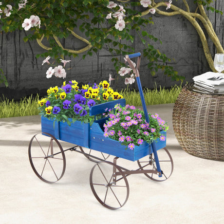 Wooden Wagon Plant Bed with Metal Wheels for Garden Yard Patio-Blue