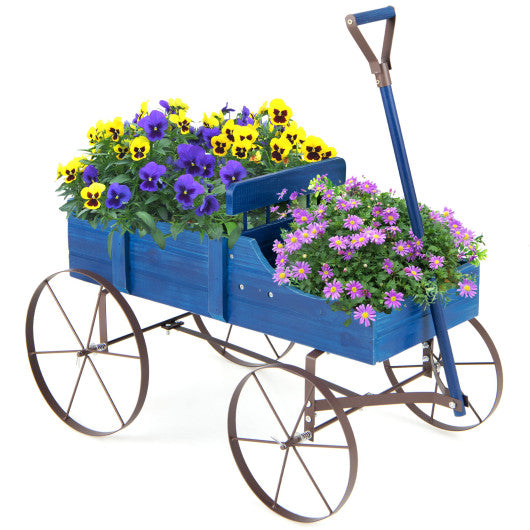 Wooden Wagon Plant Bed with Metal Wheels for Garden Yard Patio-Blue