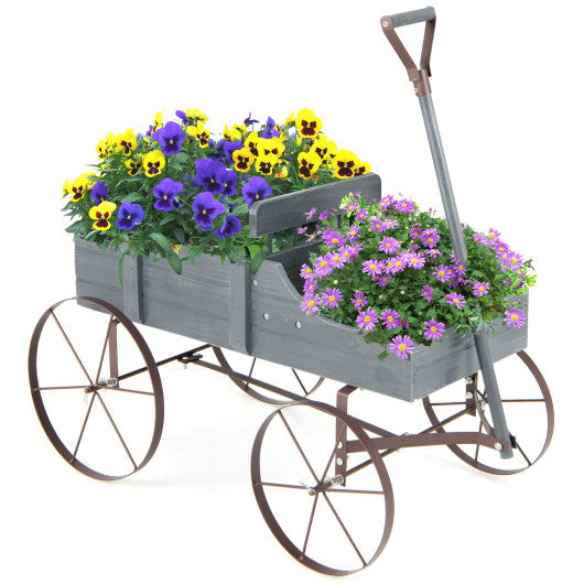 Wooden Wagon Plant Bed with Metal Wheels for Garden Yard Patio-Gray