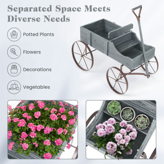 Wooden Wagon Plant Bed with Metal Wheels for Garden Yard Patio-Gray