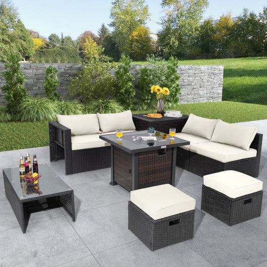9 Pieces Patio Furniture Set with 32” Fire Pit Table and 50000 BTU Square Propane Fire Pit-White