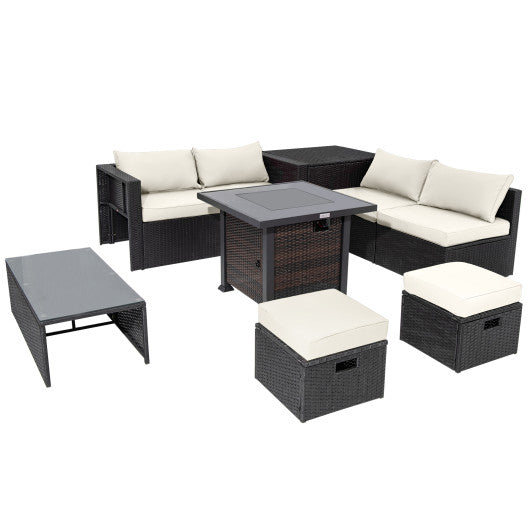 9 Pieces Patio Furniture Set with 32” Fire Pit Table and 50000 BTU Square Propane Fire Pit-White