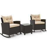 Patio Rattan Roker Chairs with Tempered Glass Table and Soft Cushions for Backyard  Poolside Porch-Beige