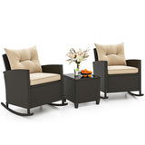 Patio Rattan Roker Chairs with Tempered Glass Table and Soft Cushions for Backyard  Poolside Porch-Beige