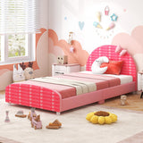 Wood Upholstered Twin Bed Platform with Slat Support-Pink