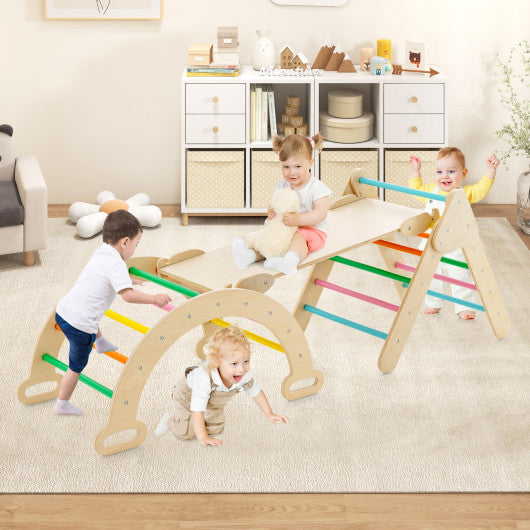 2-in-1 Wooden Kids Climber Toys with Triangle Arch Ramp-Multicolor