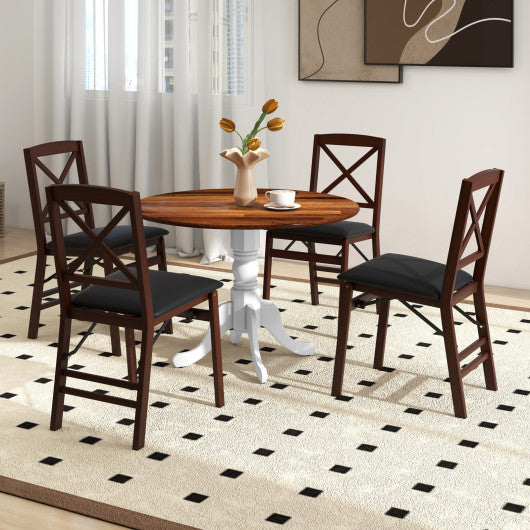 Wooden Dining Table with Round Tabletop and Curved Trestle Legs-Walnut & White