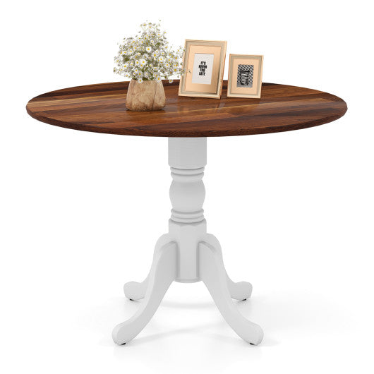 Wooden Dining Table with Round Tabletop and Curved Trestle Legs-Walnut & White