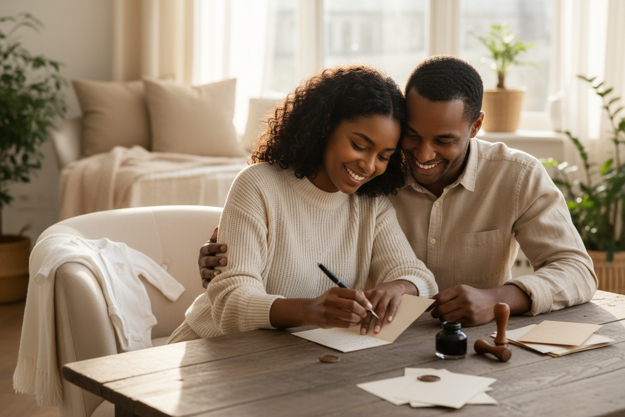 Announcement Wording - couple with dark skin tones writing a note