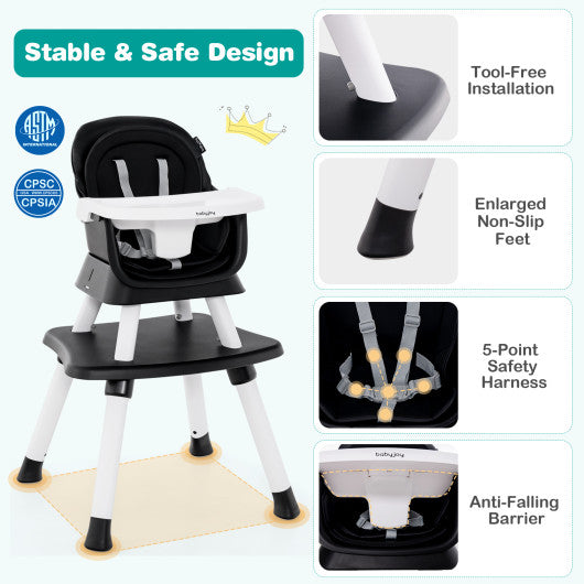 6-in-1 Convertible Baby High Chair with Adjustable Removable Tray-Black