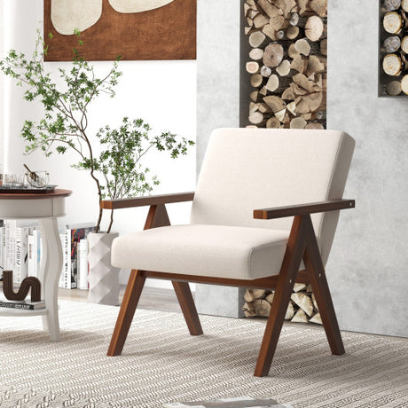 Modern Accent Chair Linen Fabric Armchair with Solid Acacia Wood Frame-Beige